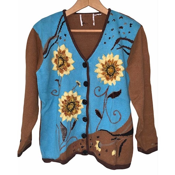 Nobrand Sweaters - Vintage Blue & Brown Knit Sunflower Embroidered Cardigan